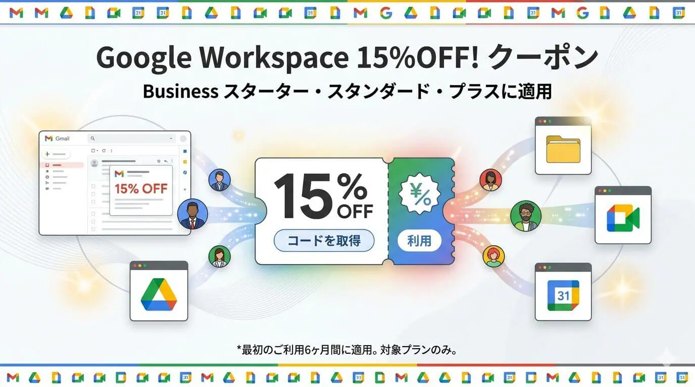 Google Workspace Business プランを15% OFFでお得に導入し、Gmail や Google ドライブ等で業務効率化やコスト削減を実現するためのプロモーションコード