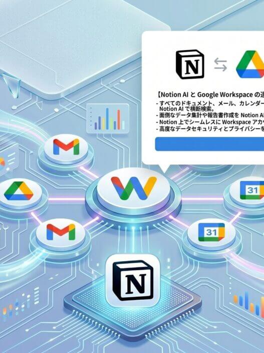 Notion AI と Google Workspace がシームレスに連携。すべてのドキュメントを横断検索・分析。生産性を最大化。