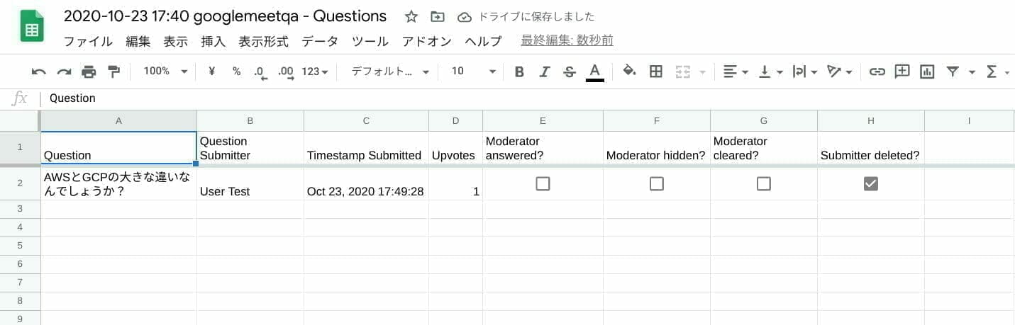Google Sheets：Q&Aのデータ