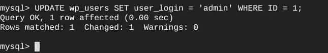 ターミナル:MySQL:ユーザー1 のユーザ名を変更完了