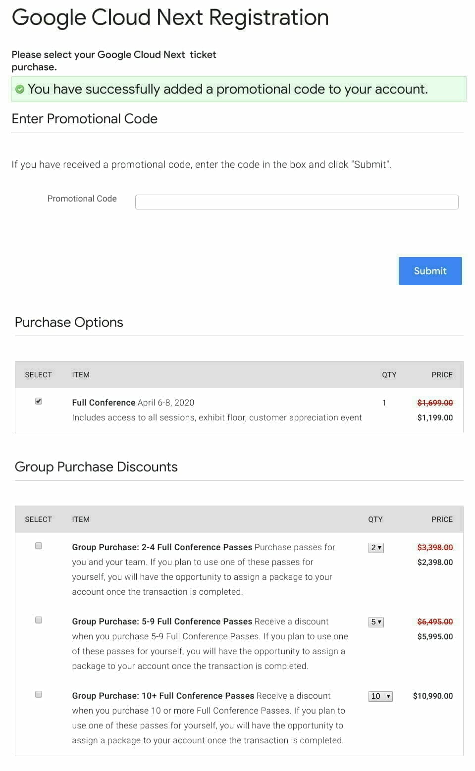 Google Cloud Next Registration with Promotional Code