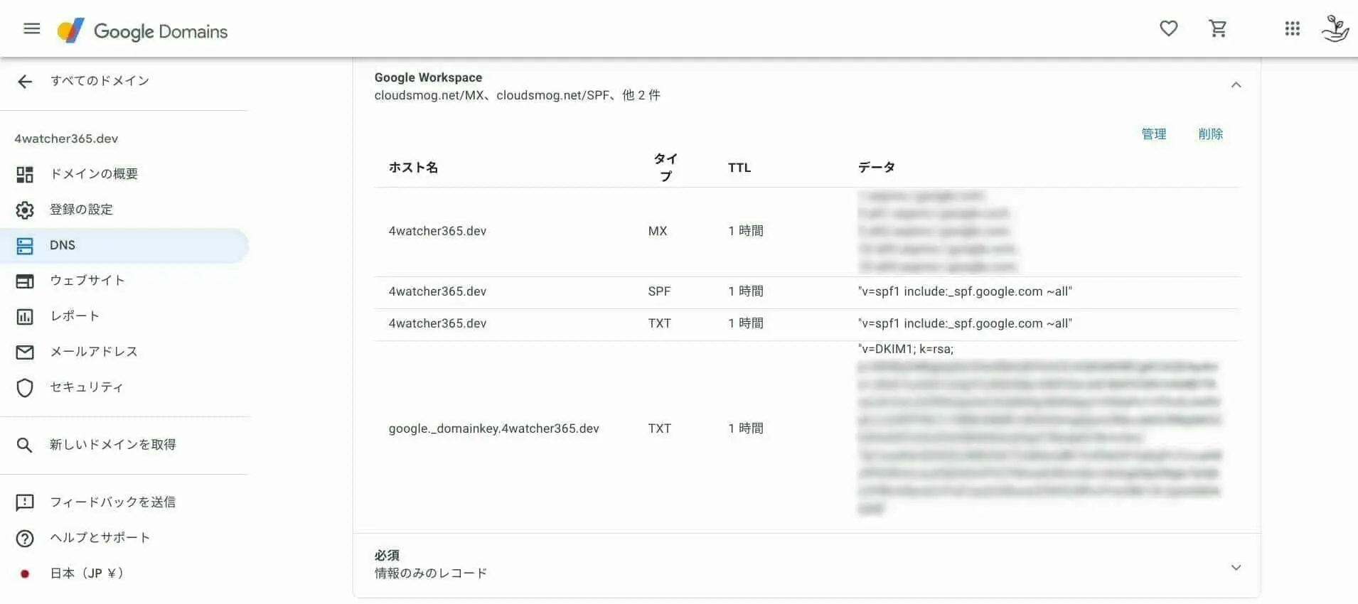 [Google ドメイン] Google Workspace の DNS レコード
