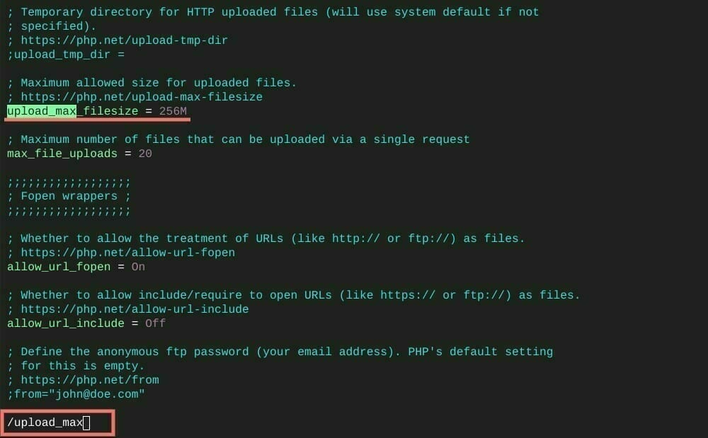 ターミナル：upload_max_filesize を検索する
