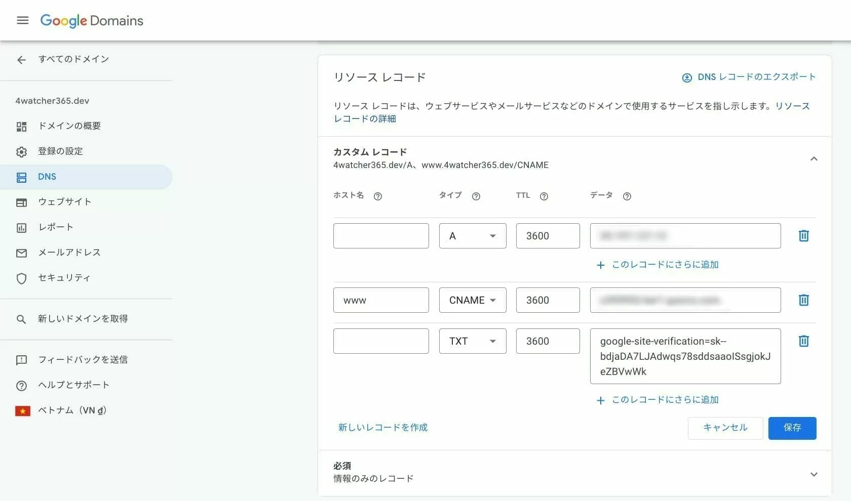 Google ドメイン：TXT レコードの追加