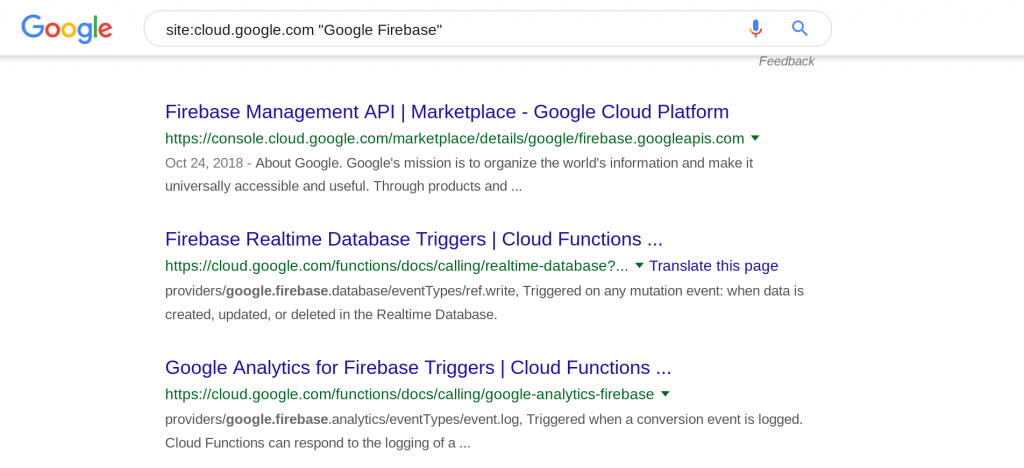 Google Firebase の検索結果画面