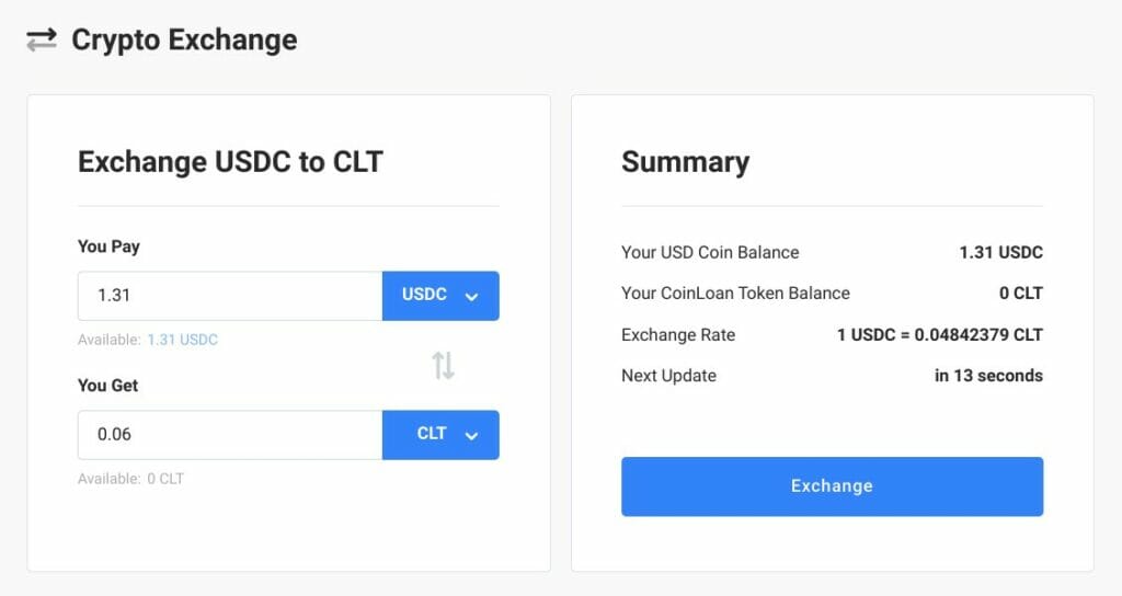 CionLoan：Crypto Exchange で CLT に両替する