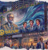 水彩画風の巨大な看板に、スーツ姿の男性たちと「Bitrue」のロゴが描かれ、街の人々が見上げる
