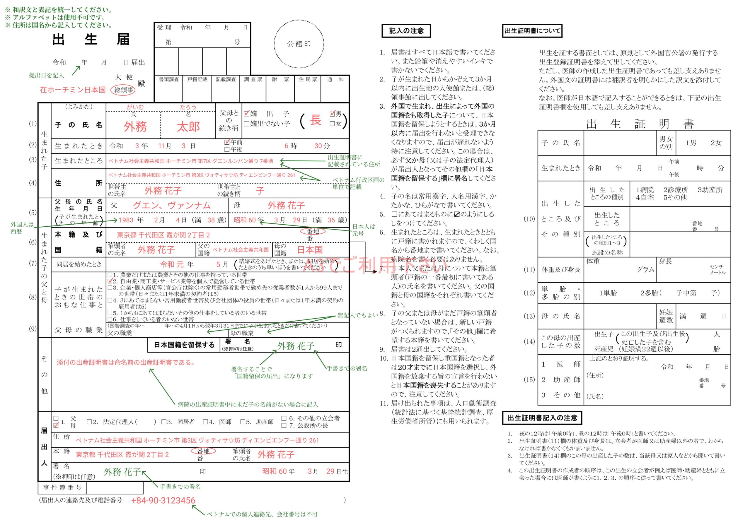 日本の出生届 (見本)