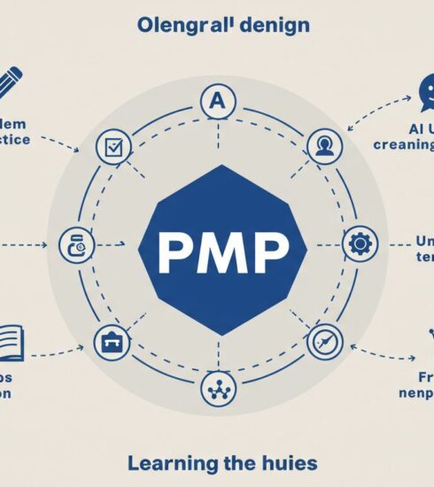 PMP試験合格への学習ロードマップを示すインフォグラフィック。中央のPMPロゴから、「問題演習」「AI活用」「用語理解」「合格」へと続く、主要な学習ステップが円状に分かりやすく描かれた図