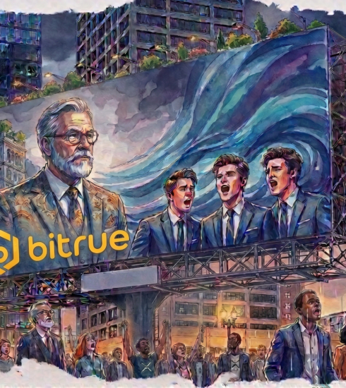 水彩画風の巨大な看板に、スーツ姿の男性たちと「Bitrue」のロゴが描かれ、街の人々が見上げる