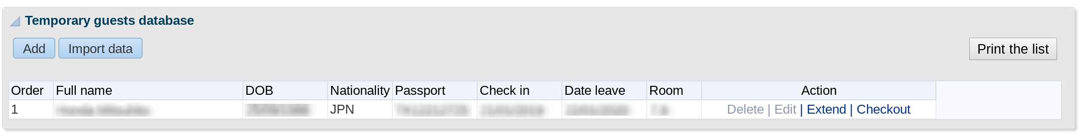 Foreigner Residential Registration Database：Temporary Guests Database